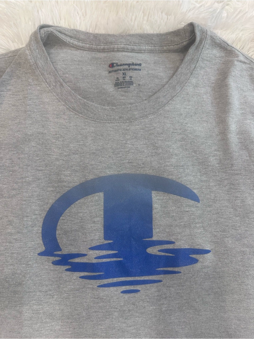 Used Men’s Champion Gray Short-Sleeve Tee with Blue Reflective Logo - Picture 4 of 6